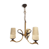 Vintage chandelier 3 burners brass gilded globes opaline glass white striated