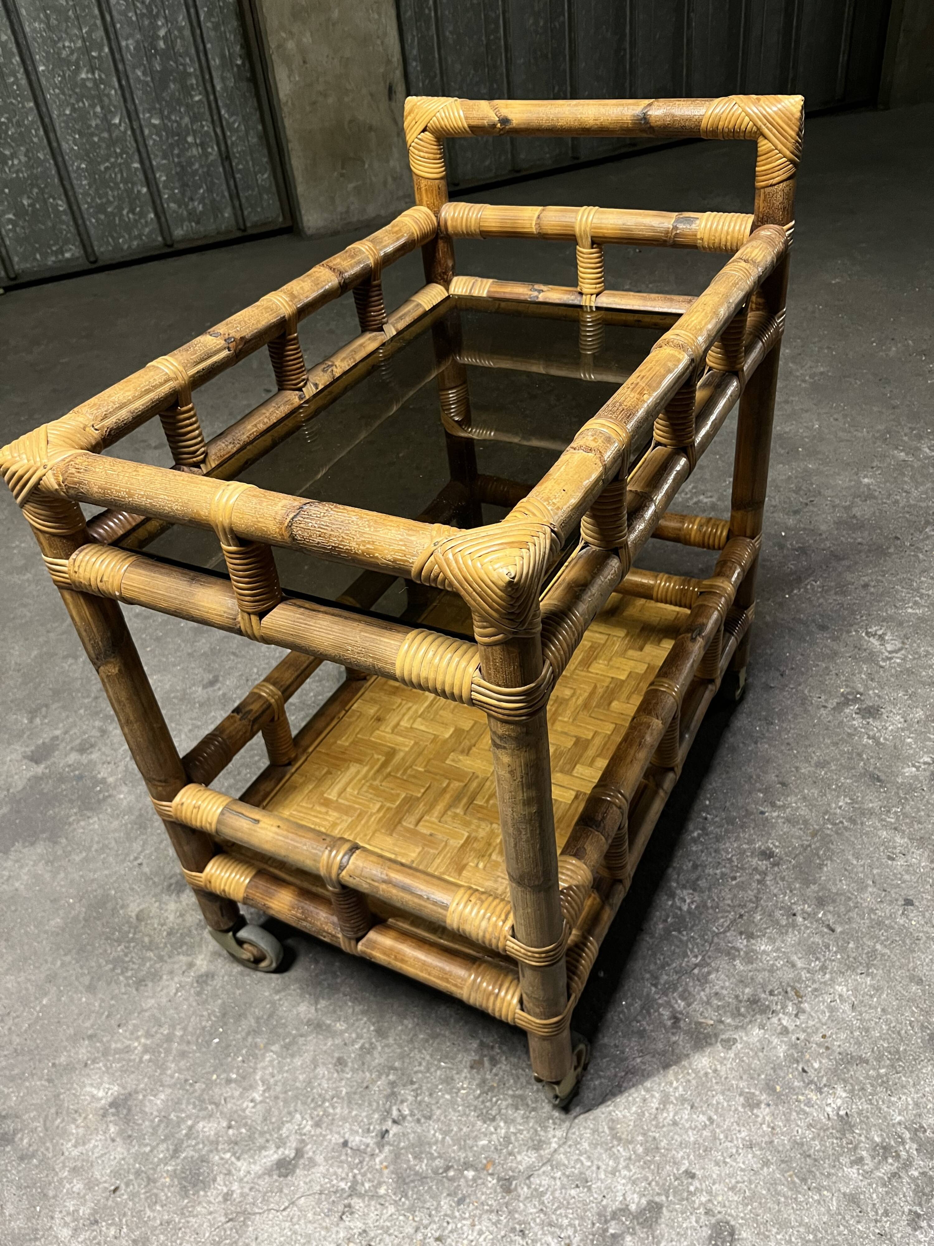 Vintage 1950s bamboo trolley or serving cart.