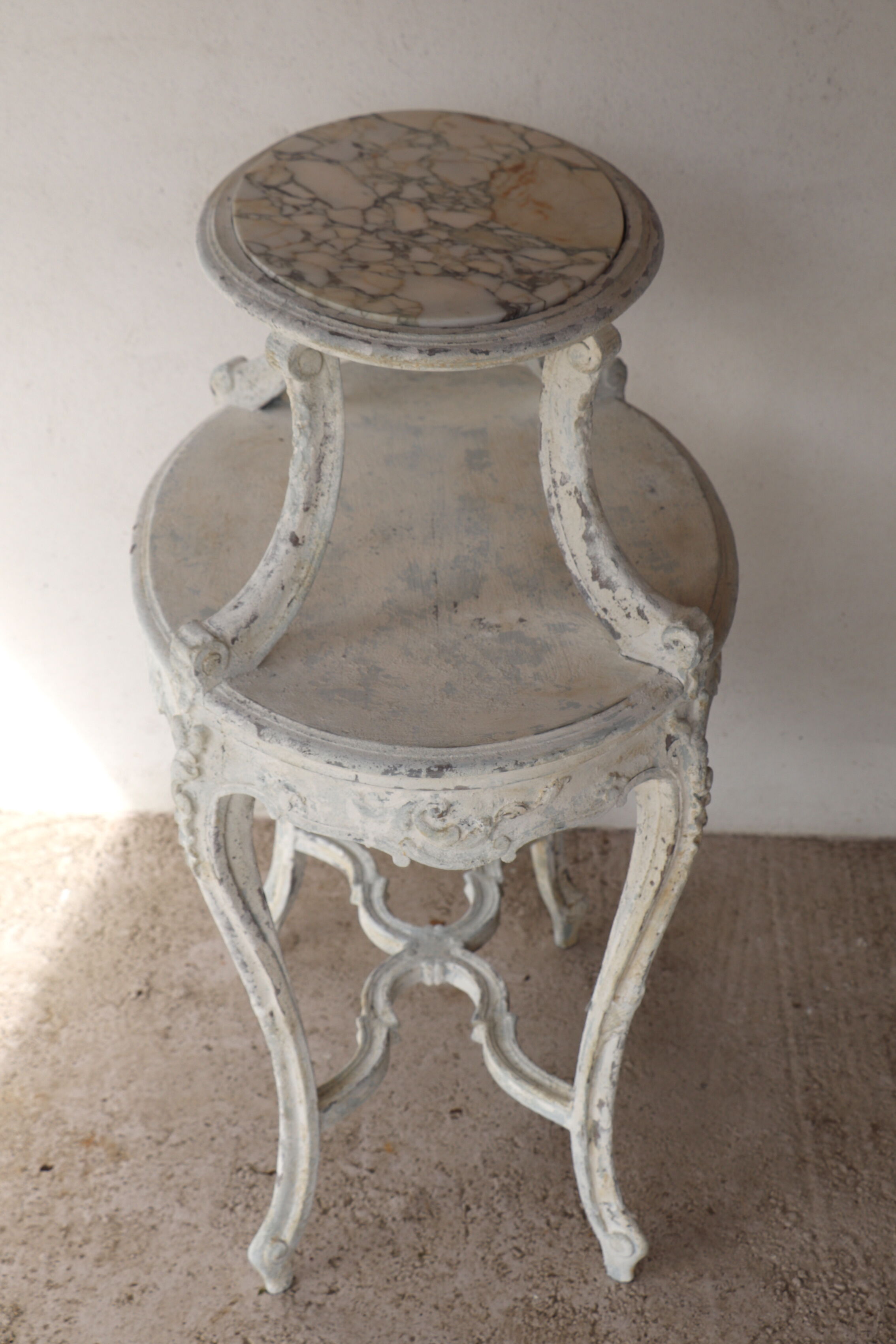 Tea table, marble and wood style Louis XV patina