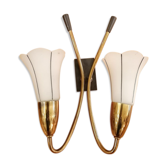 Applique 2 branches laiton, tulipe opaline, 1950