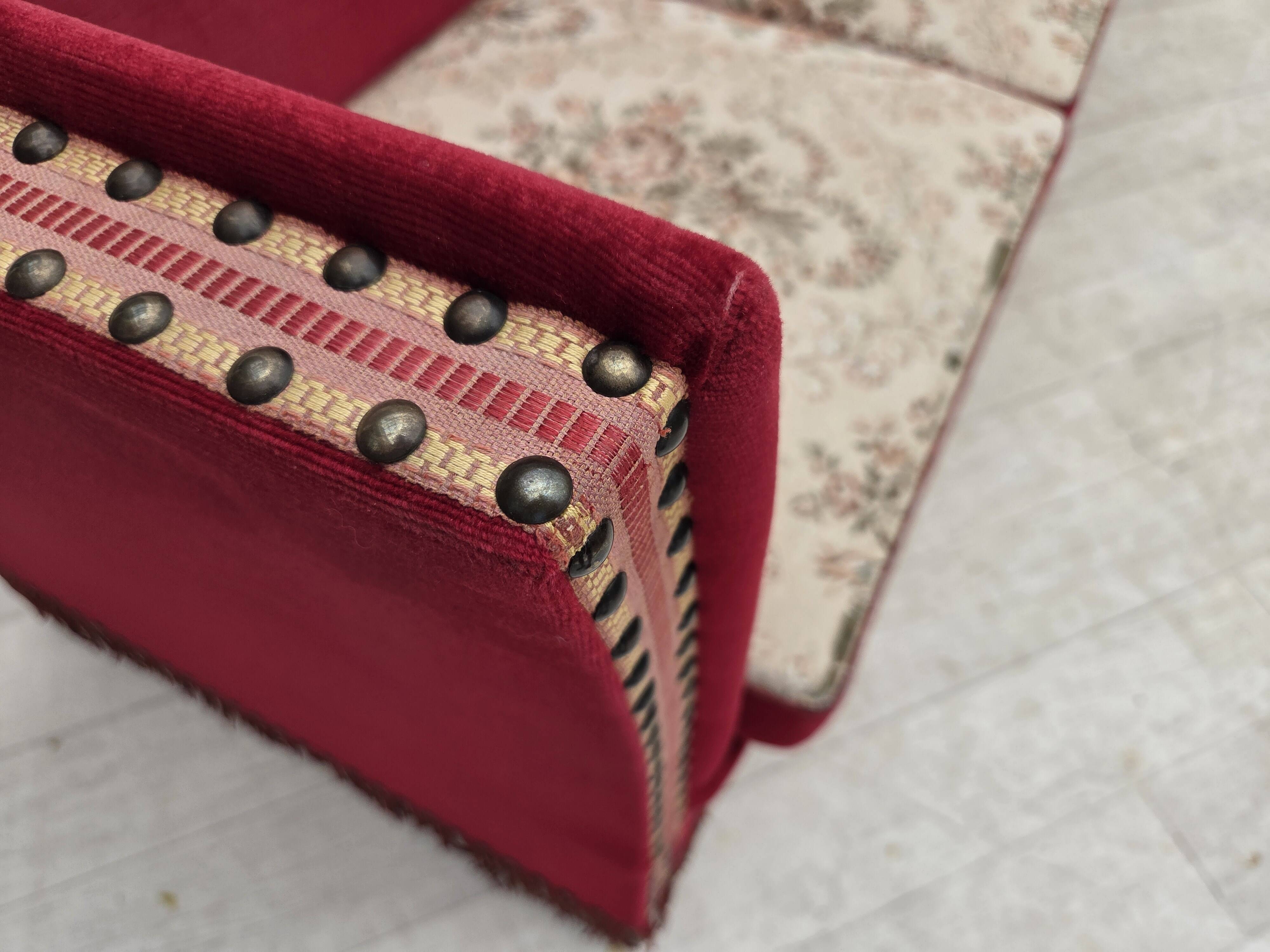 1970s, Danish 3-seater drop arm "Spanish" sofa, red furniture velour.