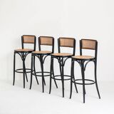 Set of 4 vintage high stools. Beech wood and cane. France, 90s