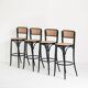 Set of 4 vintage high stools. Beech wood and cane. France, 90s