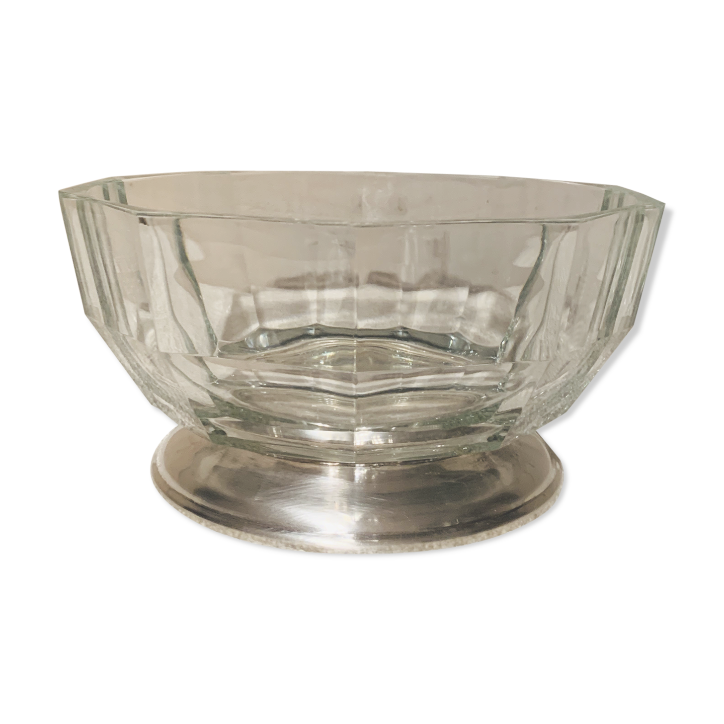 Crystal salad bowl cut base in silver metal