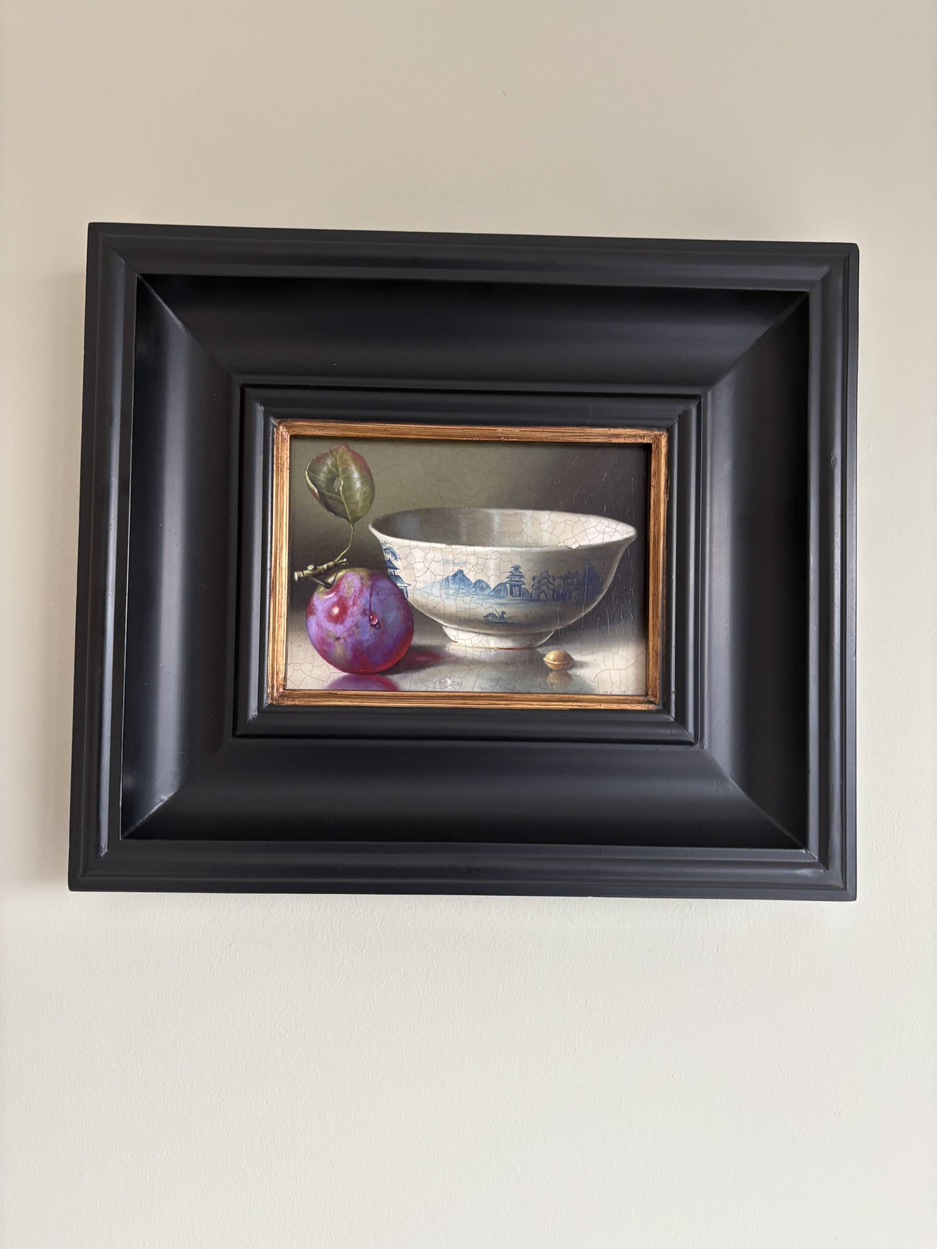 Beautiful still life with plum and bowl.
