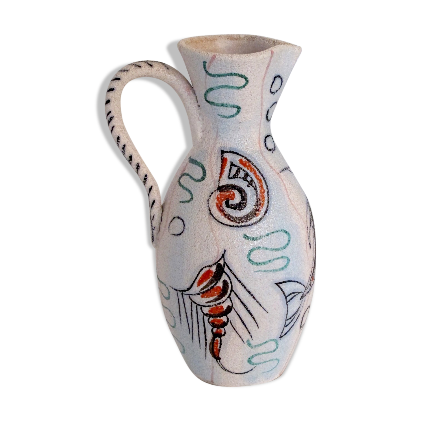 Pitcher ceramic vase signed and numbered seaweed and fish 50s