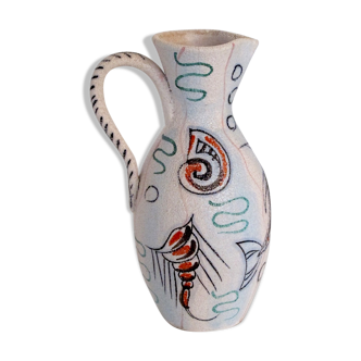 Pitcher ceramic vase signed and numbered seaweed and fish 50s