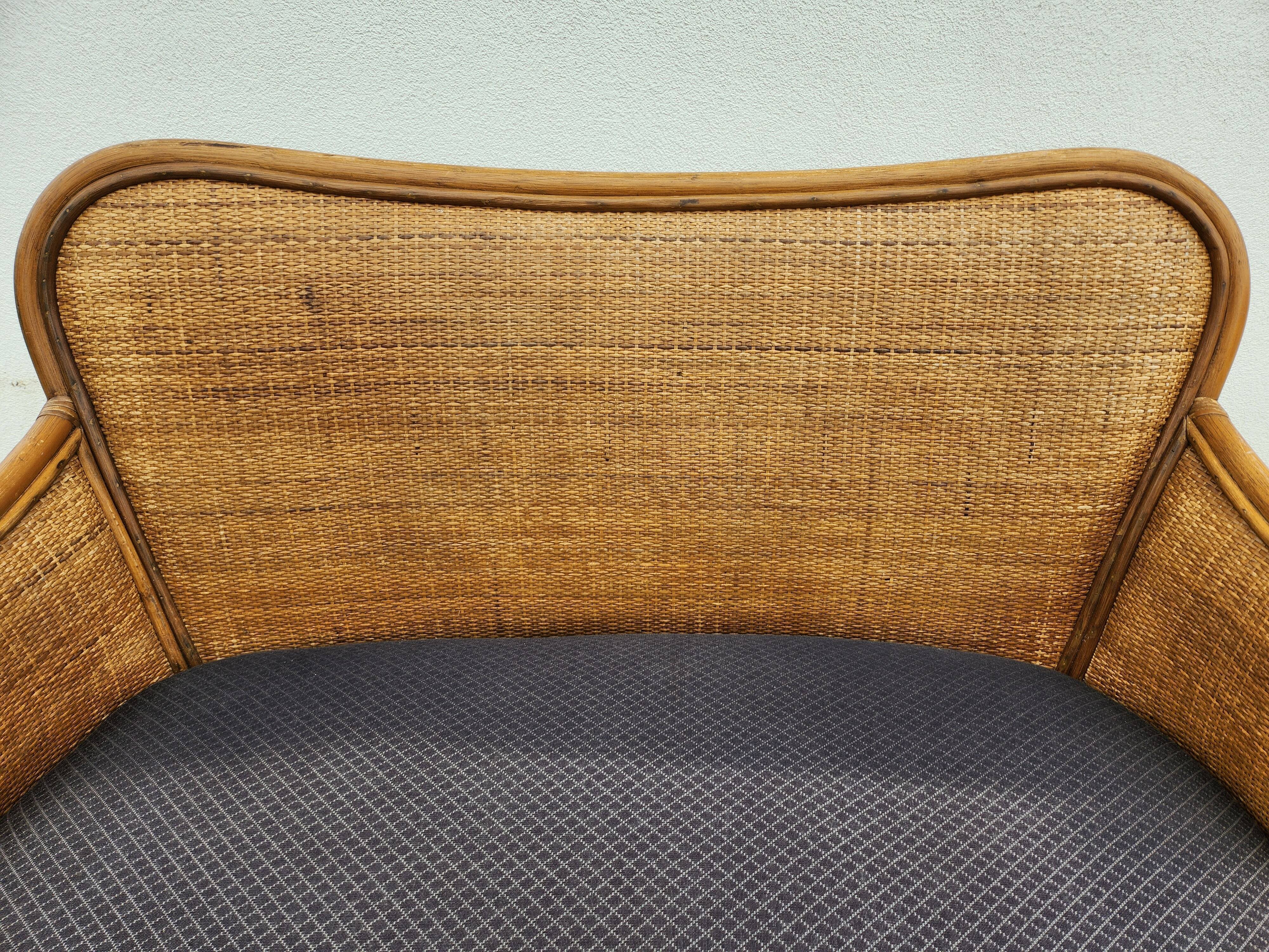Vintage bench 2 places in rattan and woven rice straw.