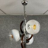 Vintage chandelier in chromed metal and wood with 3 Murano glass globes