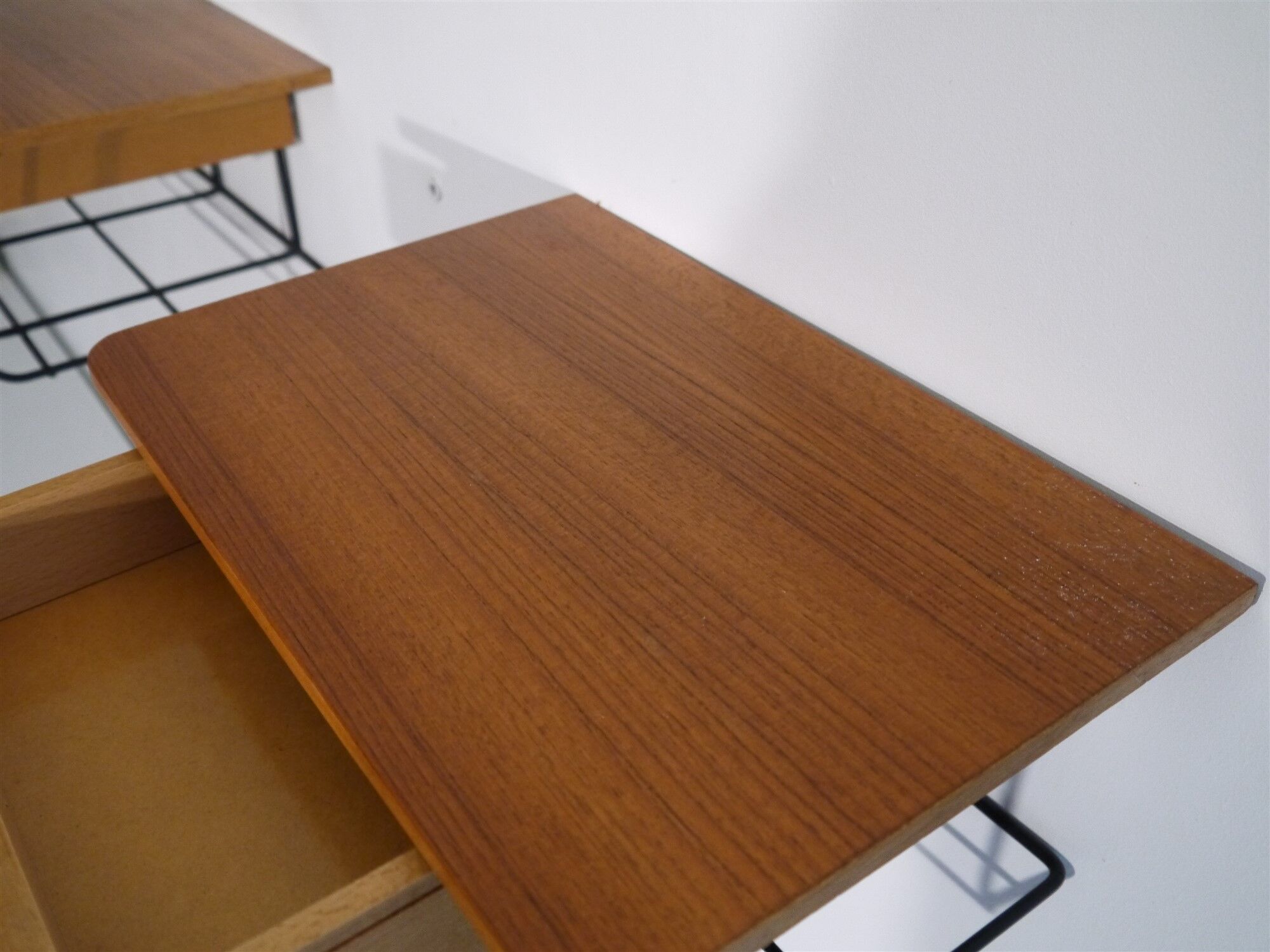 Scandinavian vintage hanging bedside pair in teak and metal