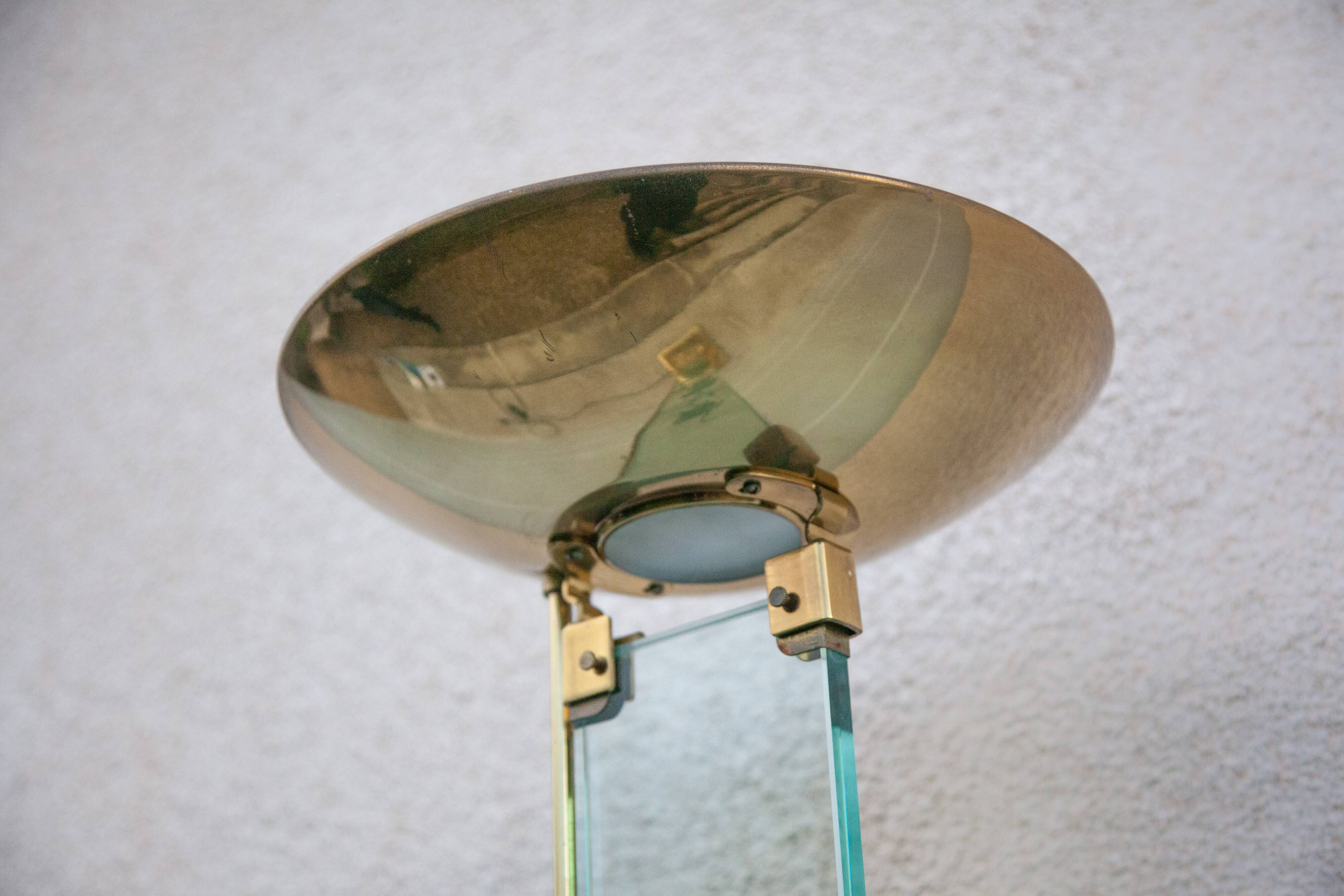 Floor lamp, brass halogen and engraved glass, attributed to Max Baguara, design lamp, 80's