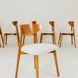 Set of 6 Dining Chairs, Light Beech Wood, White Bouclè Fabric, Modern 