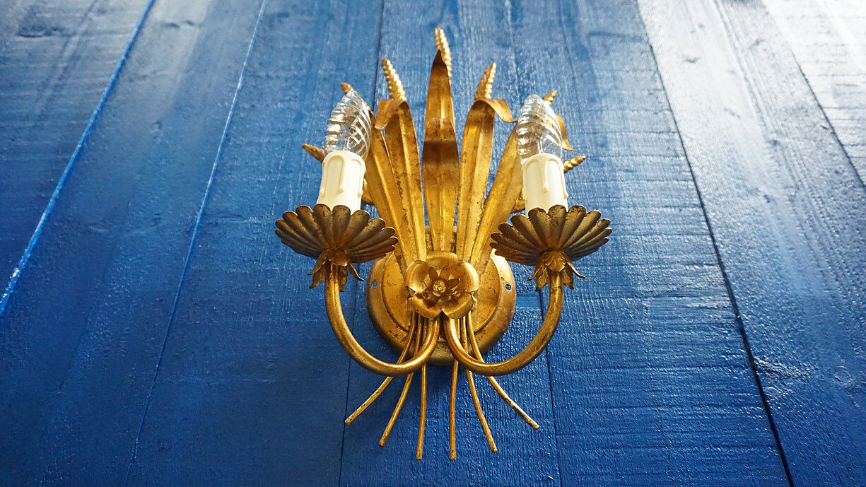 Italian 1960 Hollywood Regency Gilt Metal Sheaf of Wheat Wall Sconces, 1 of 7