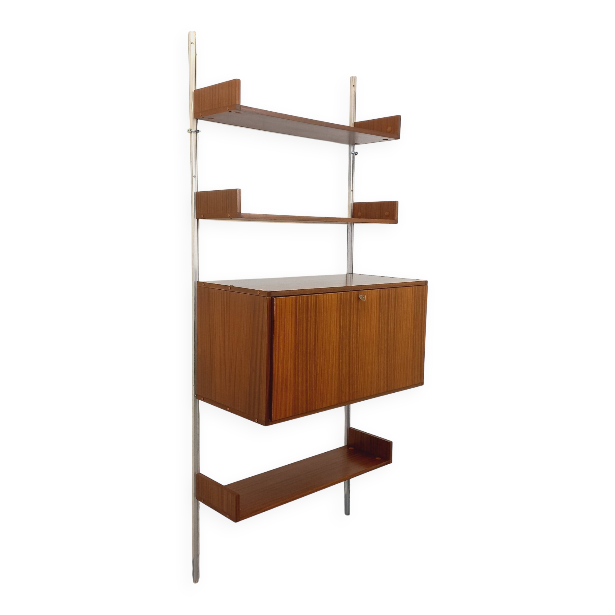 Wall shelf library with vintage ARP Minvielle secretary bar