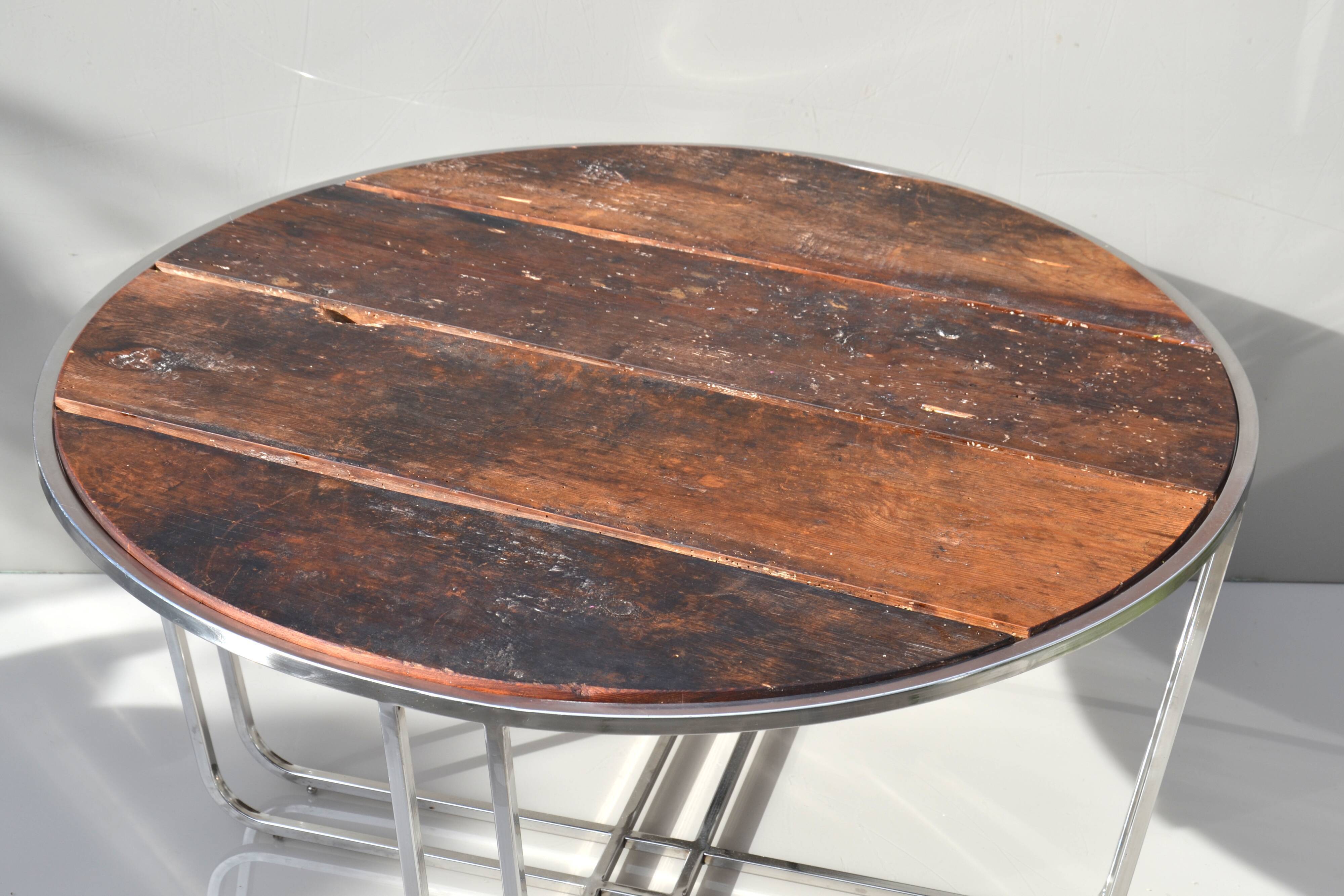 Rustic refurbished wood metal base industrial round coffee