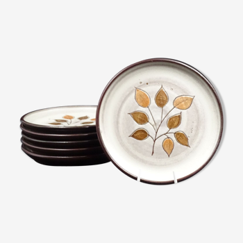 6 dessert plates in sandstone, leaf decoration, circa 1970 - Vintage