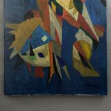 Oil on canvas by Jean Billecocq modern composition with roosters 1960