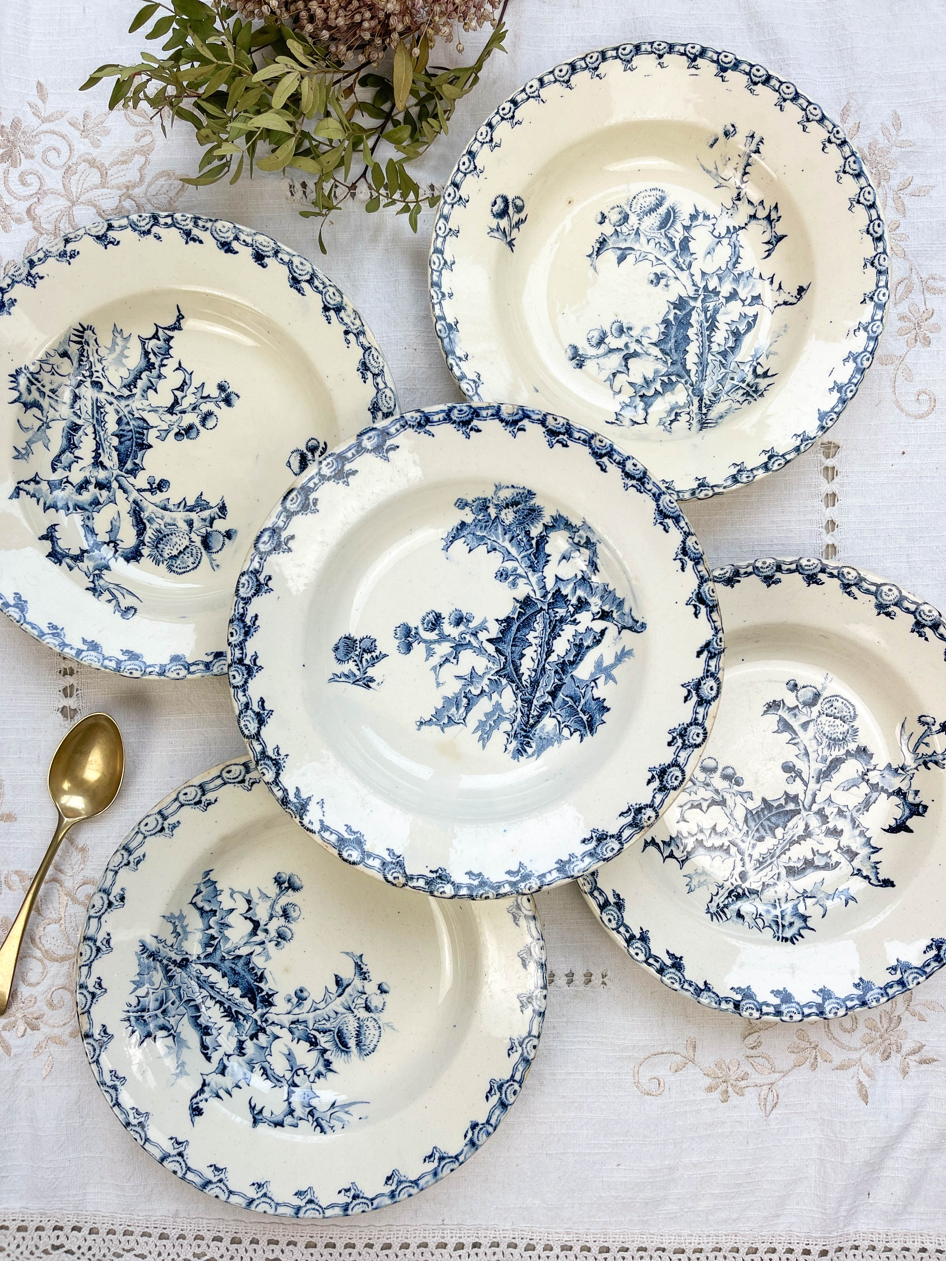 5 assiettes creuses terre de fer gien modèle chardons made in france