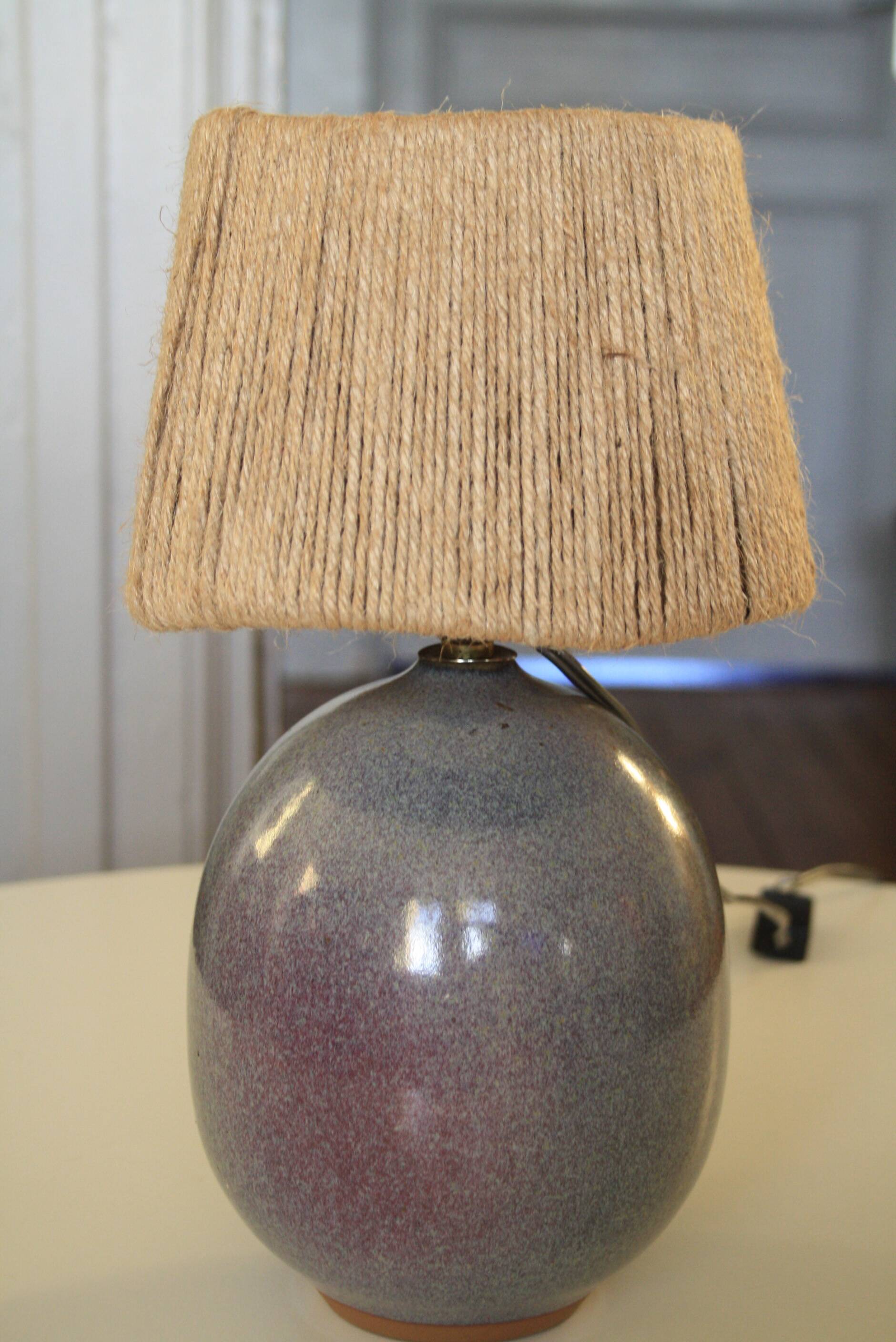 Signed ceramic lamp, rope lampshade