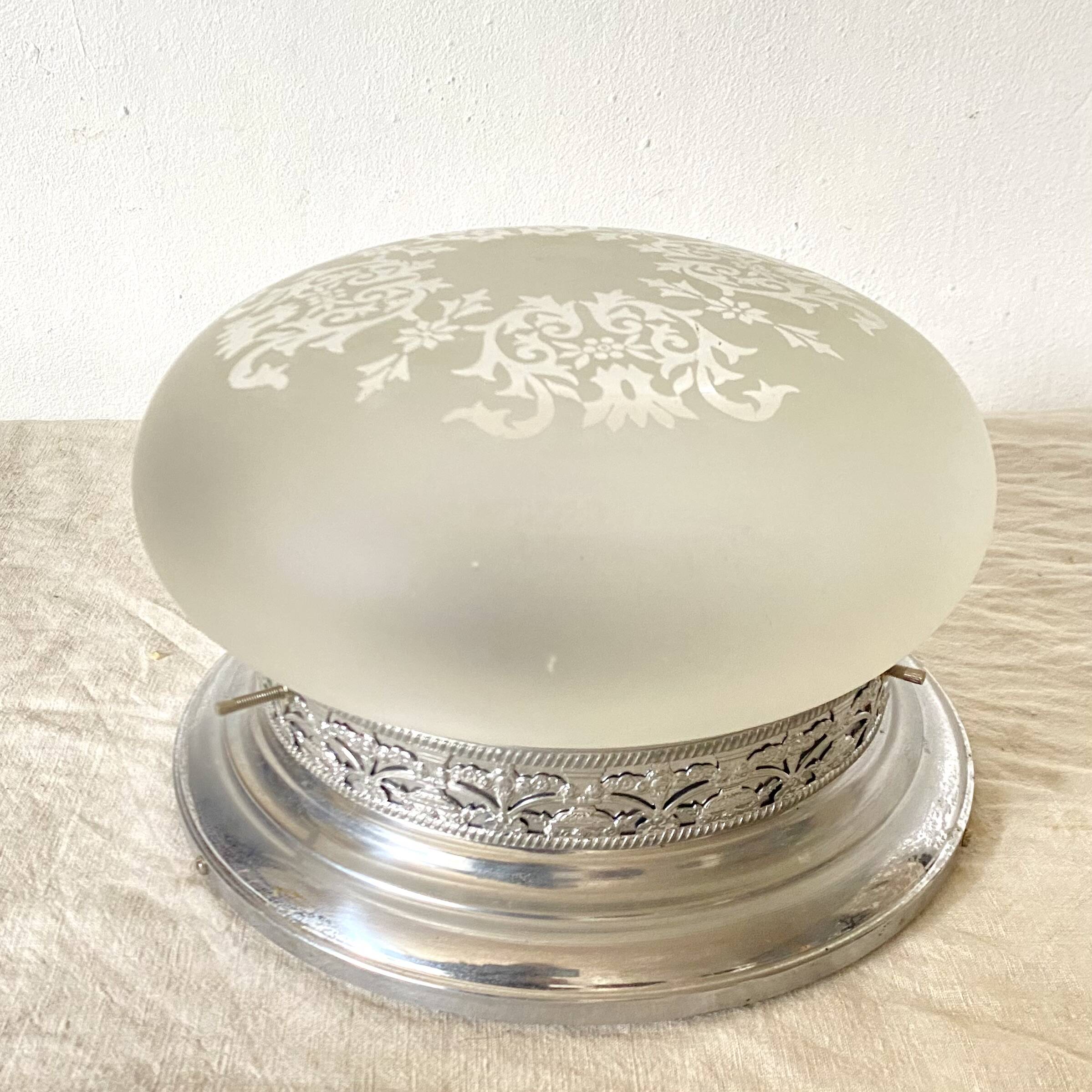 Ceiling light in glass and silver metal, flowery decor