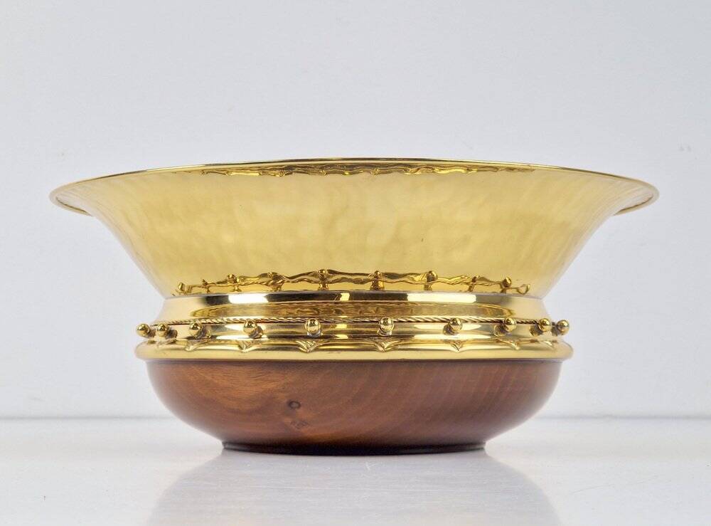 Vintage Valenti Gold Plated Centerpiece Bowl on Walnut Base, 1990s