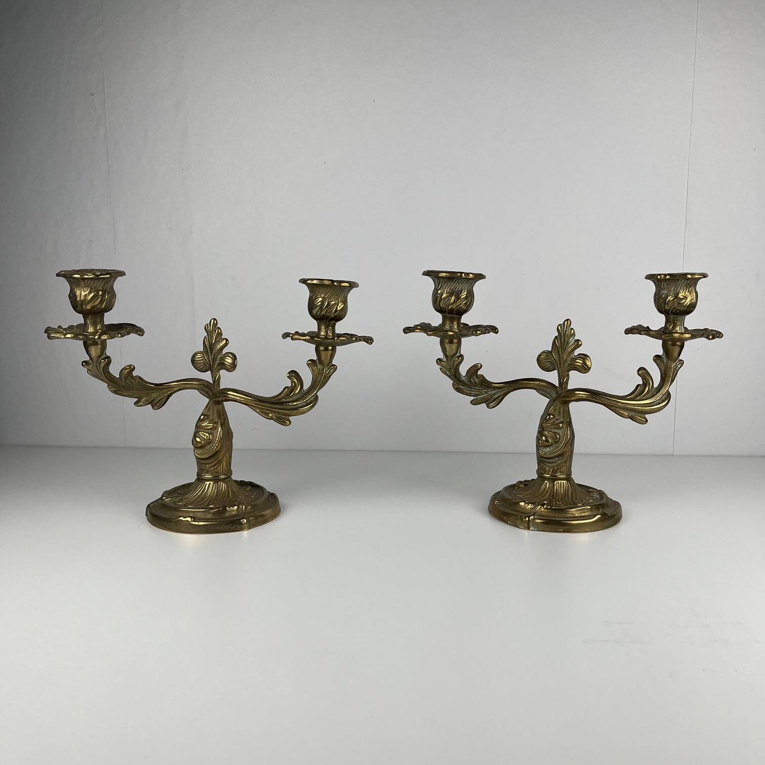 Pair of gilt brass candlesticks with two arms – Louis XV Rococo style