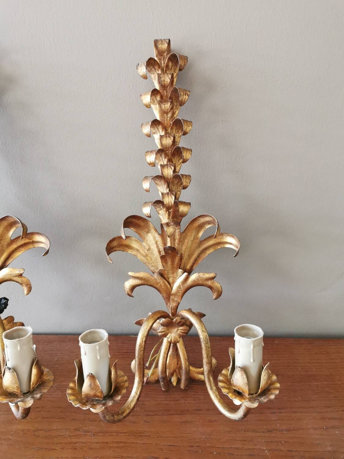Pair of vintage 70s wall lights in gold metal