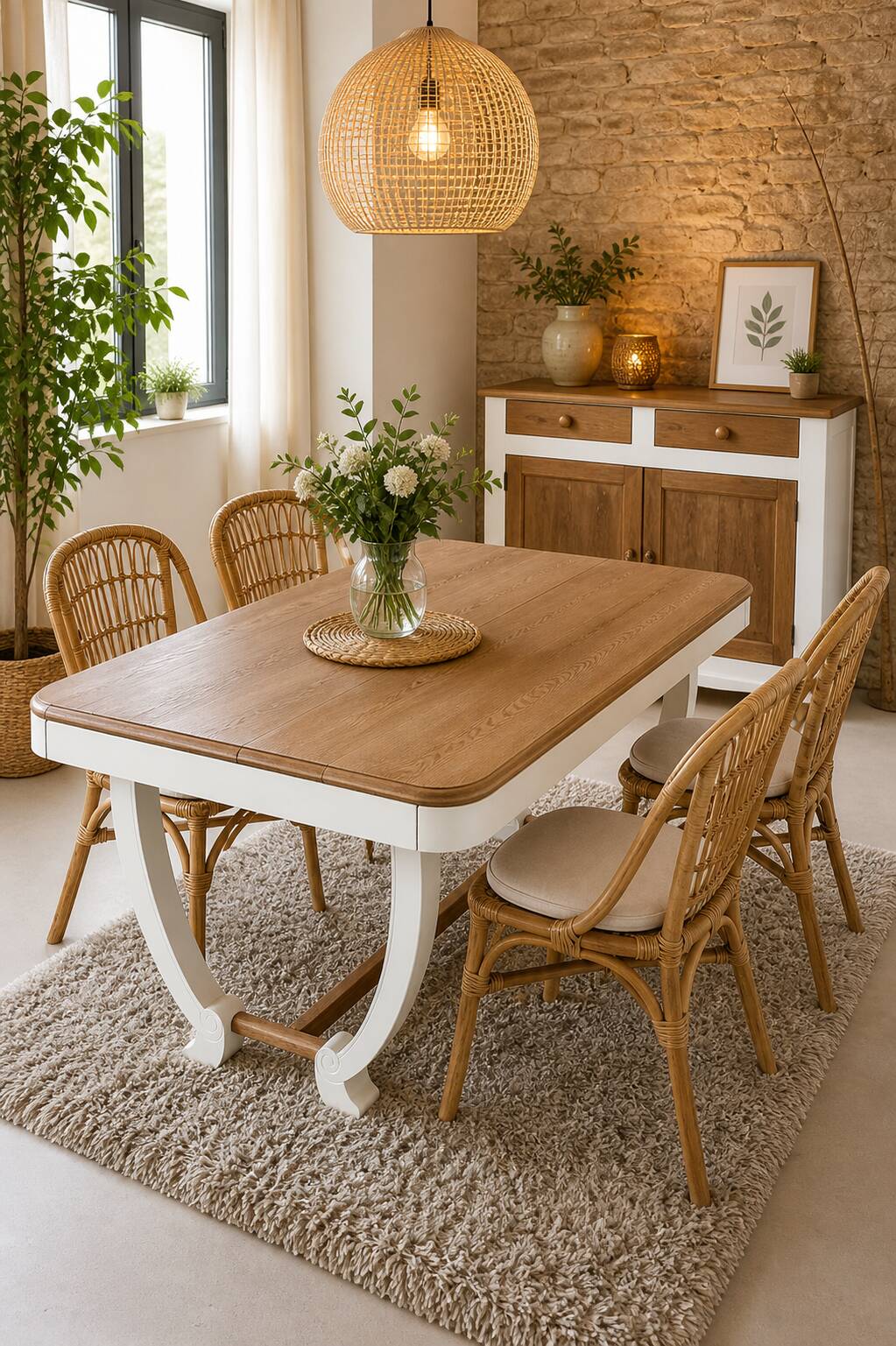 Restored oak table in natural wood and linen.