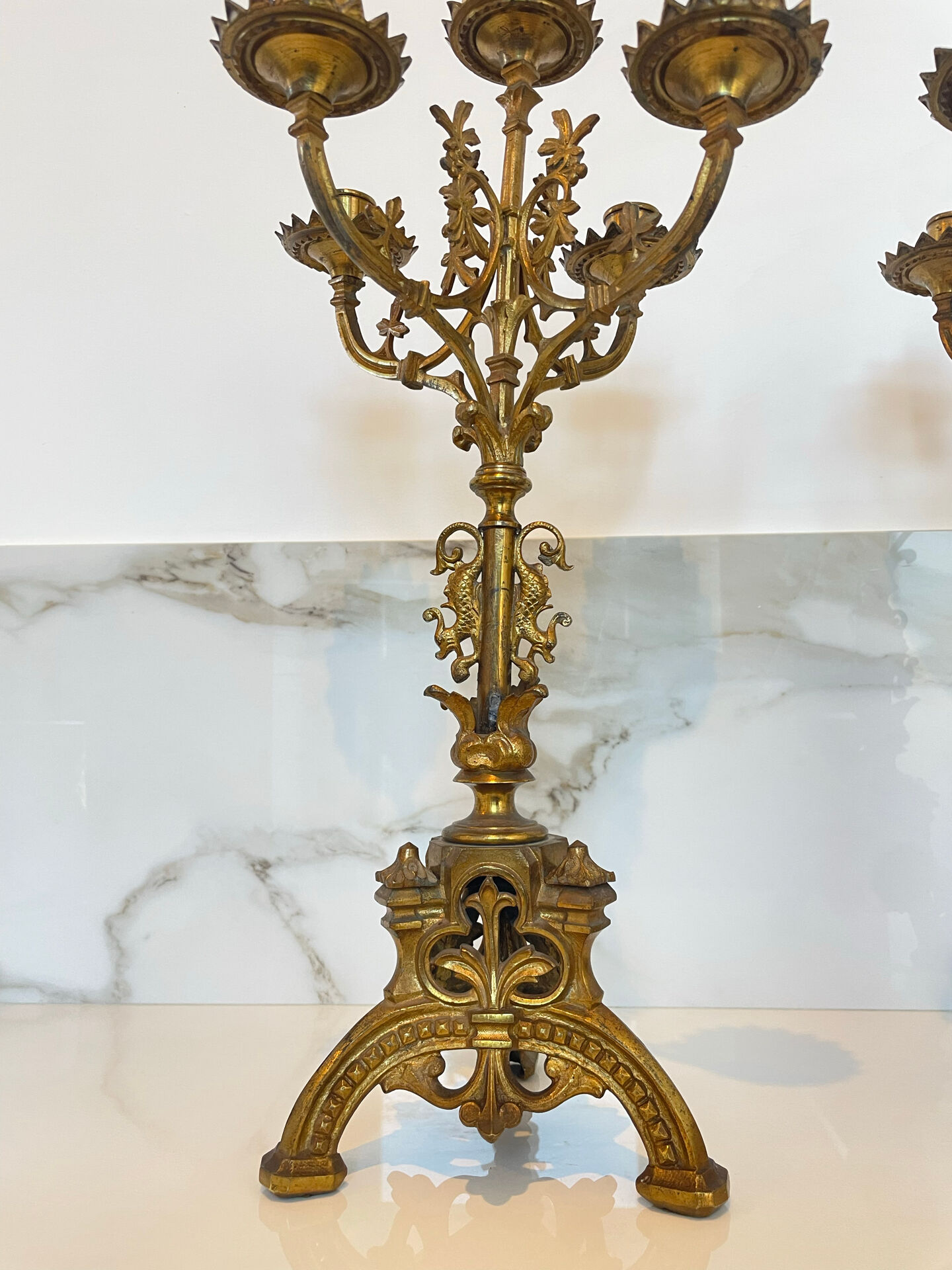 Pair of church candelabra - 19th century - in bronze and brass, 5 lights / c