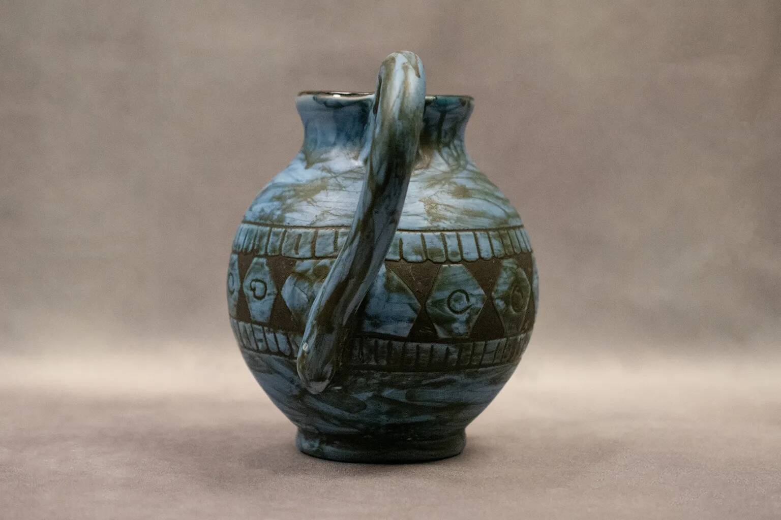 Blue ceramic pitcher with frieze by Jérôme Massier – Vallauris