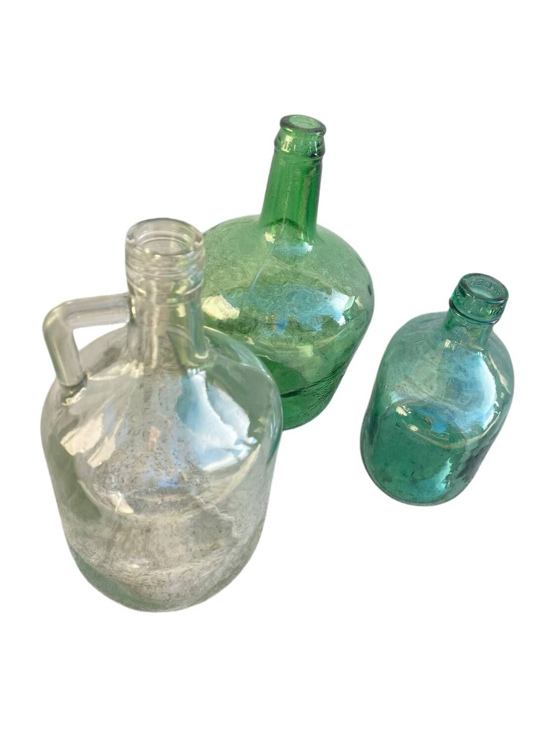 3 demijohn bottles vintage green collection
