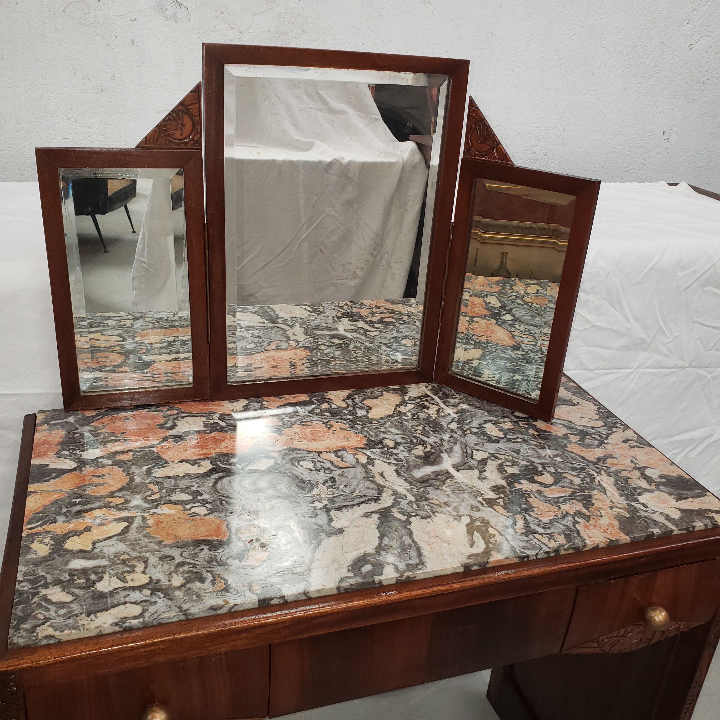 Dressing table art deco in mahogany mirror triptych
