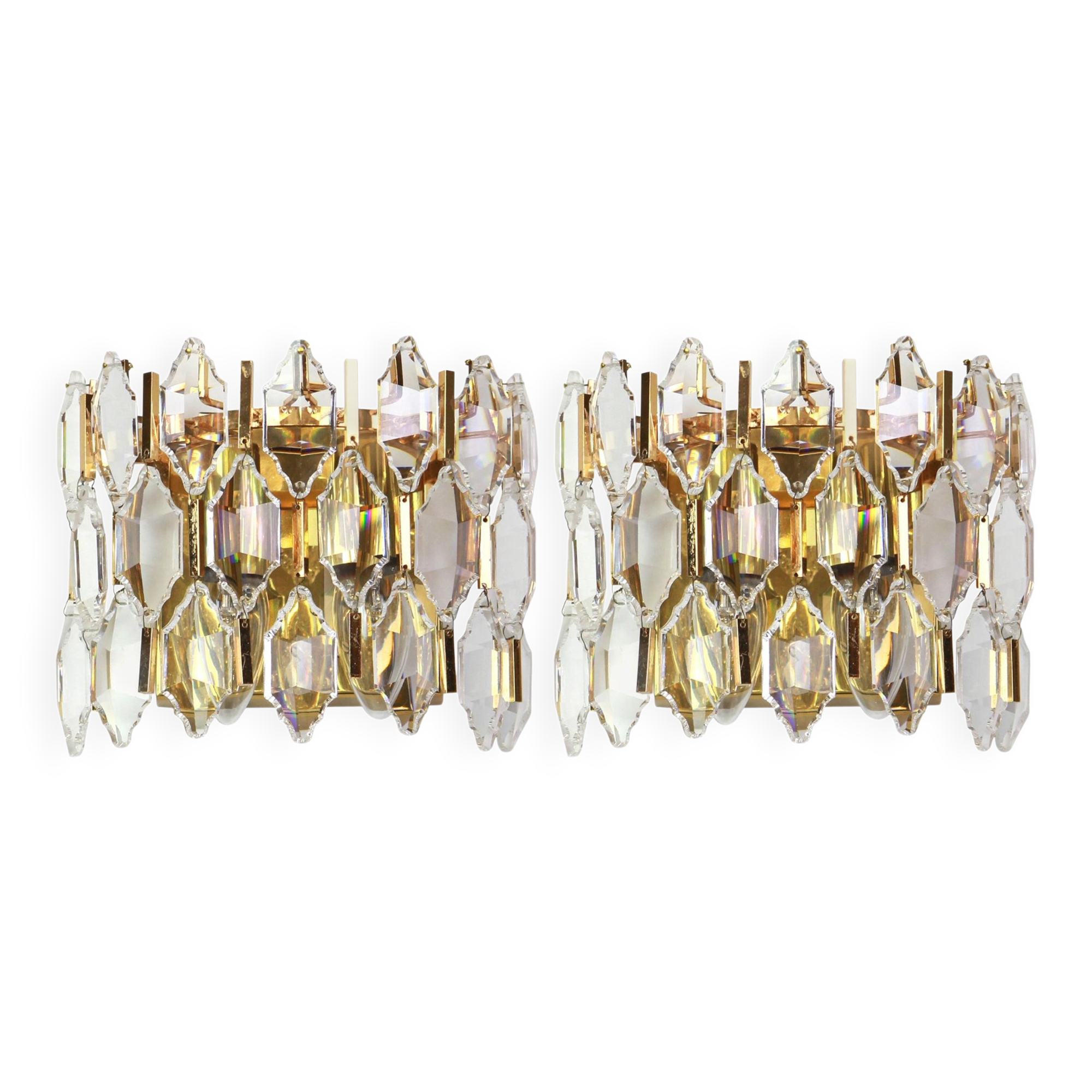 Pair of wall sconces in gilded brass and crystal by Palwa, Germany, 1970s.