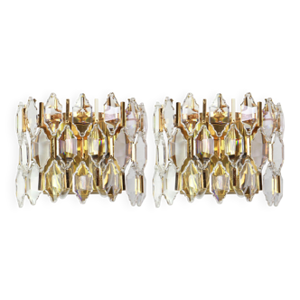 Pair of wall sconces in gilded brass and crystal by Palwa, Germany, 1970s.
