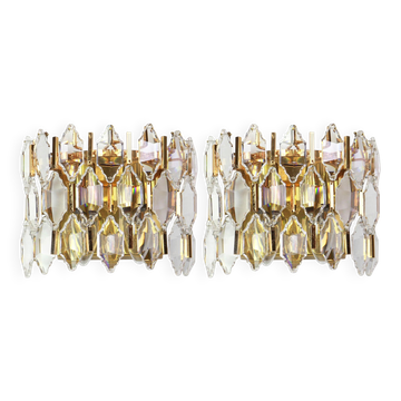 Pair of wall sconces in gilded brass and crystal by Palwa, Germany, 1970s.