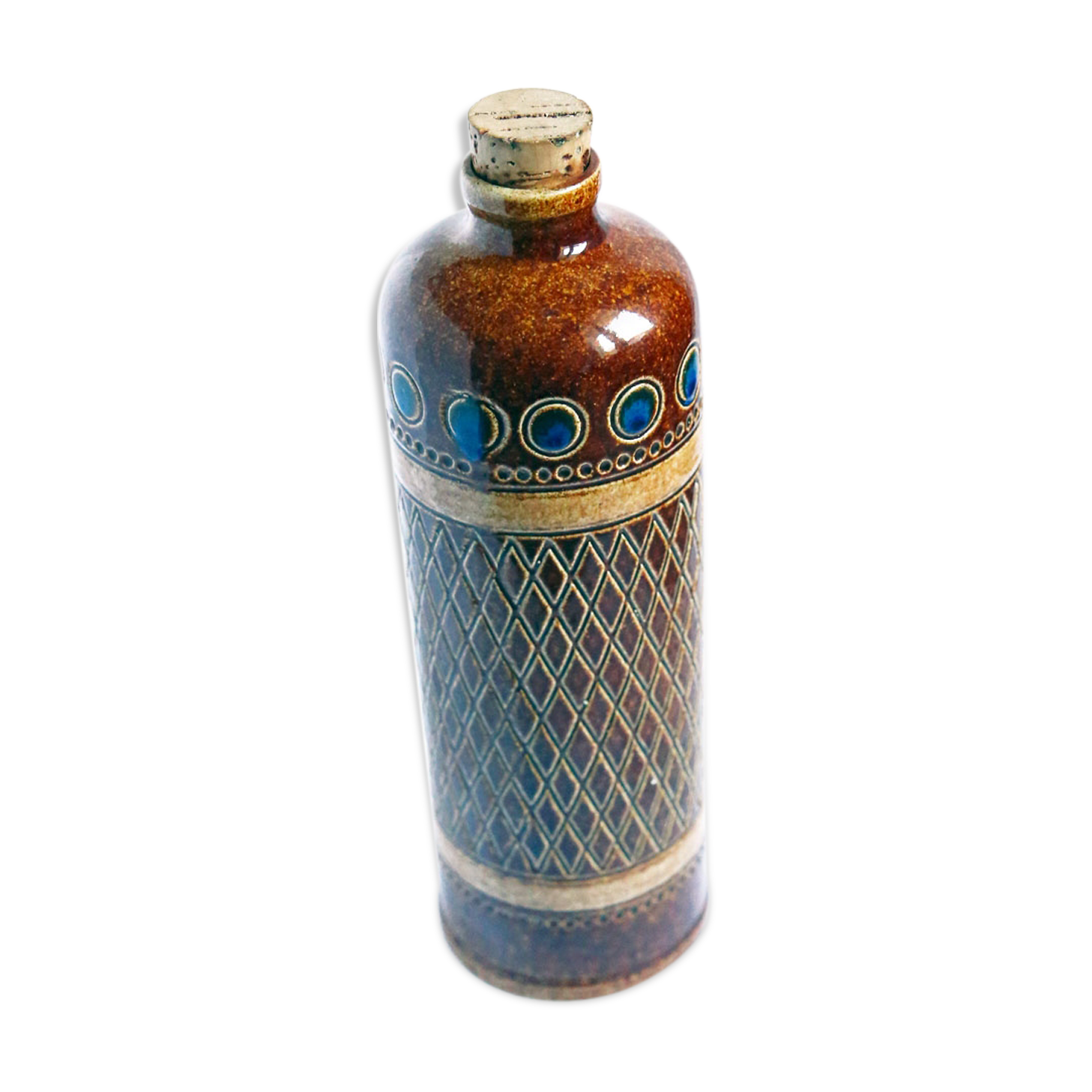 Brown sandstone bottle with chiseled and round navy blue