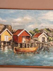 Mid-Century Oil on Canvas “houses with Boat” by Unknown, Vintage & Framed