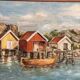 Mid-Century Oil on Canvas “houses with Boat” by Unknown, Vintage & Framed