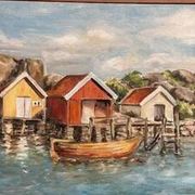 Mid-Century Oil on Canvas “houses with Boat” by Unknown, Vintage & Framed
