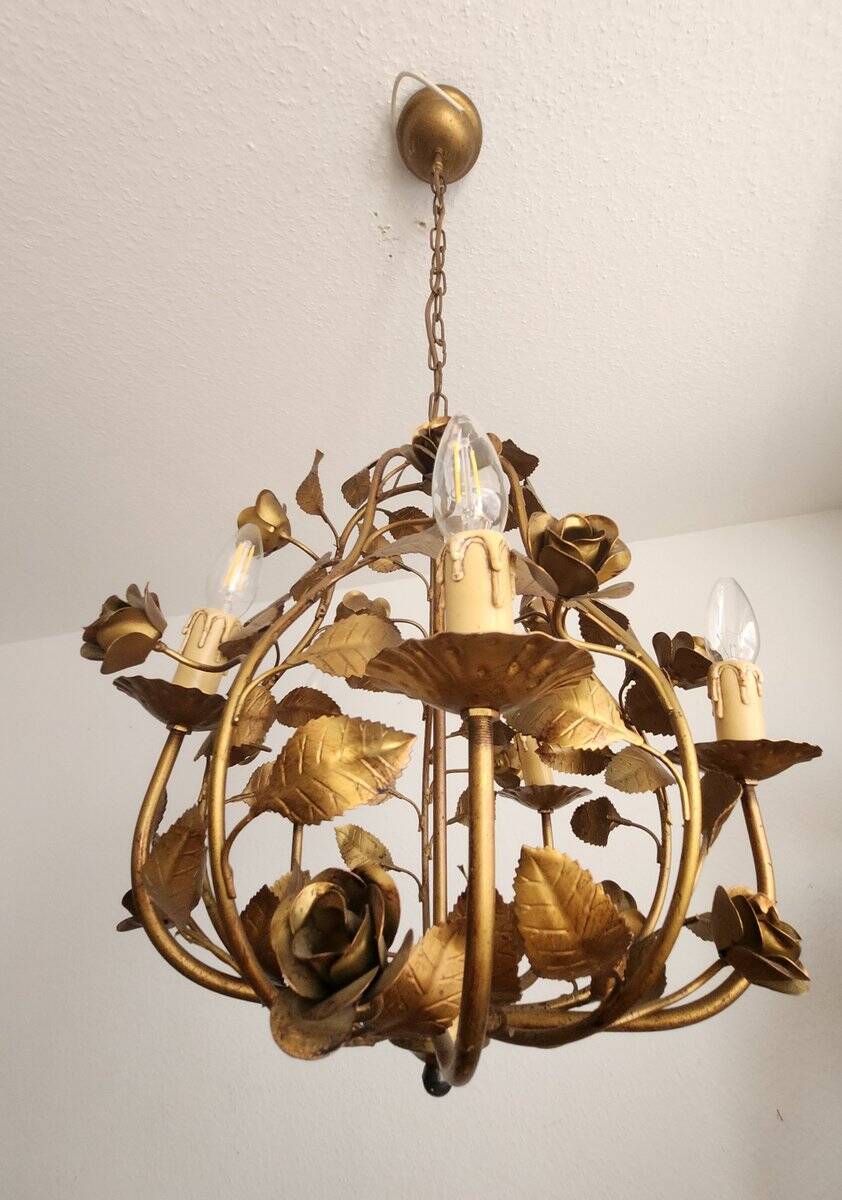 Hollywood Regency 4-light floral chandelier gilt with roses Italy 1960-1970
