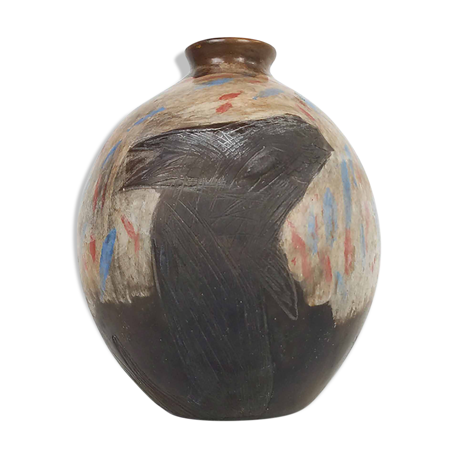 Vase ovoïde en terre cuite péruvienne de style Mochica, signe vicente ramirez 1989