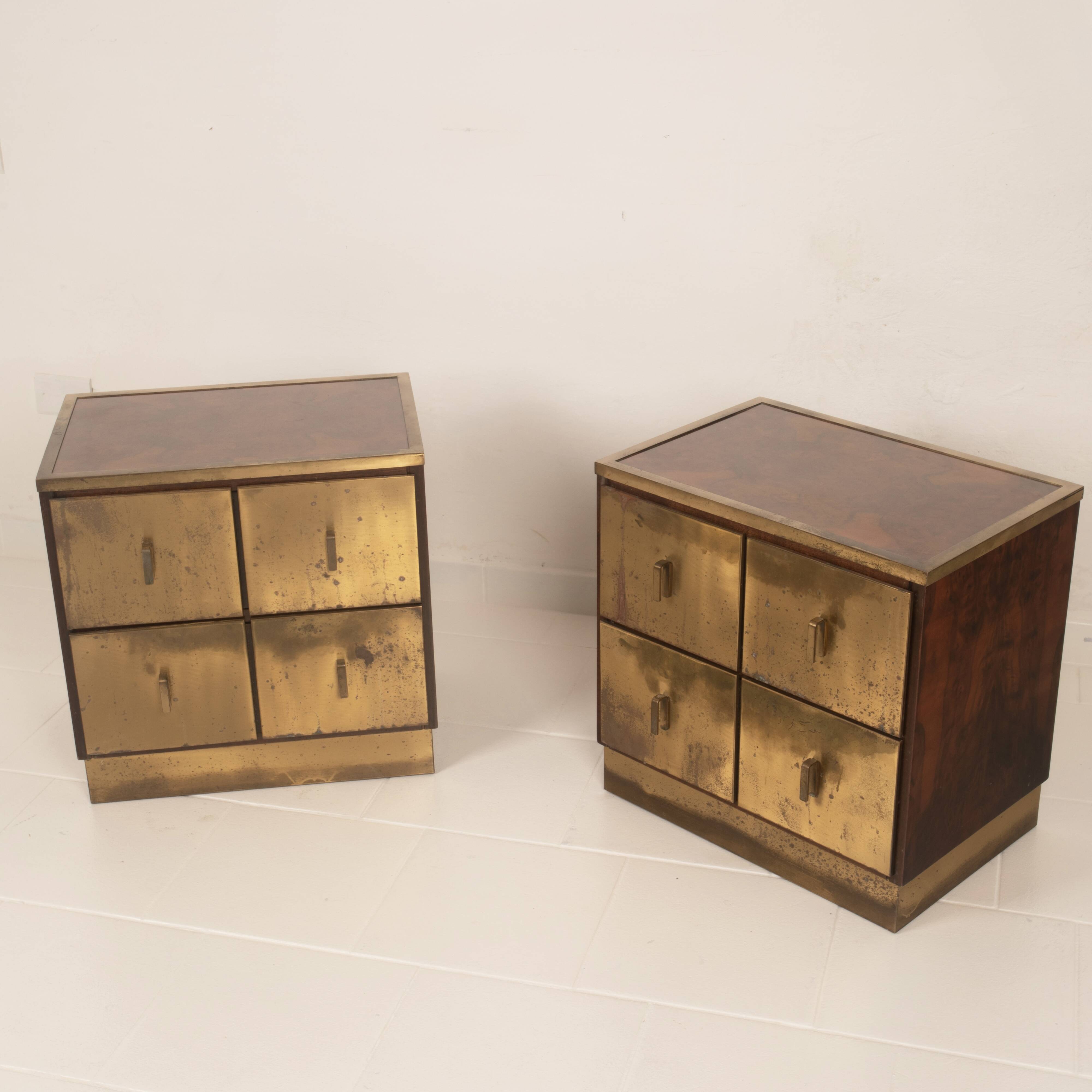 Aldo Frigerio Italian Walnut Burl and Gold-Laminated Brass Bagdad Nightstands