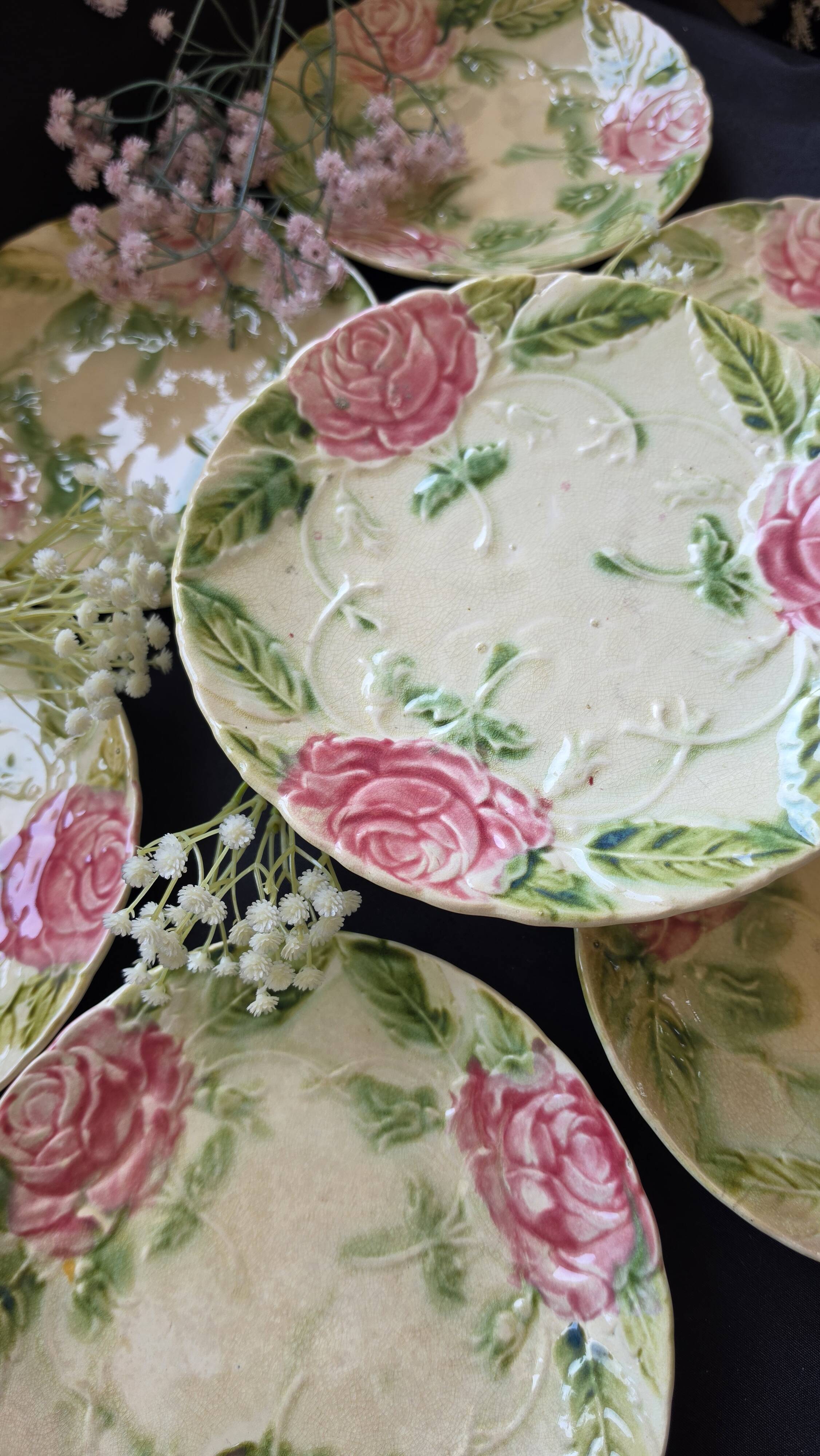 Exclusive antique dessert service in faience/terracotta with slip from 1900.