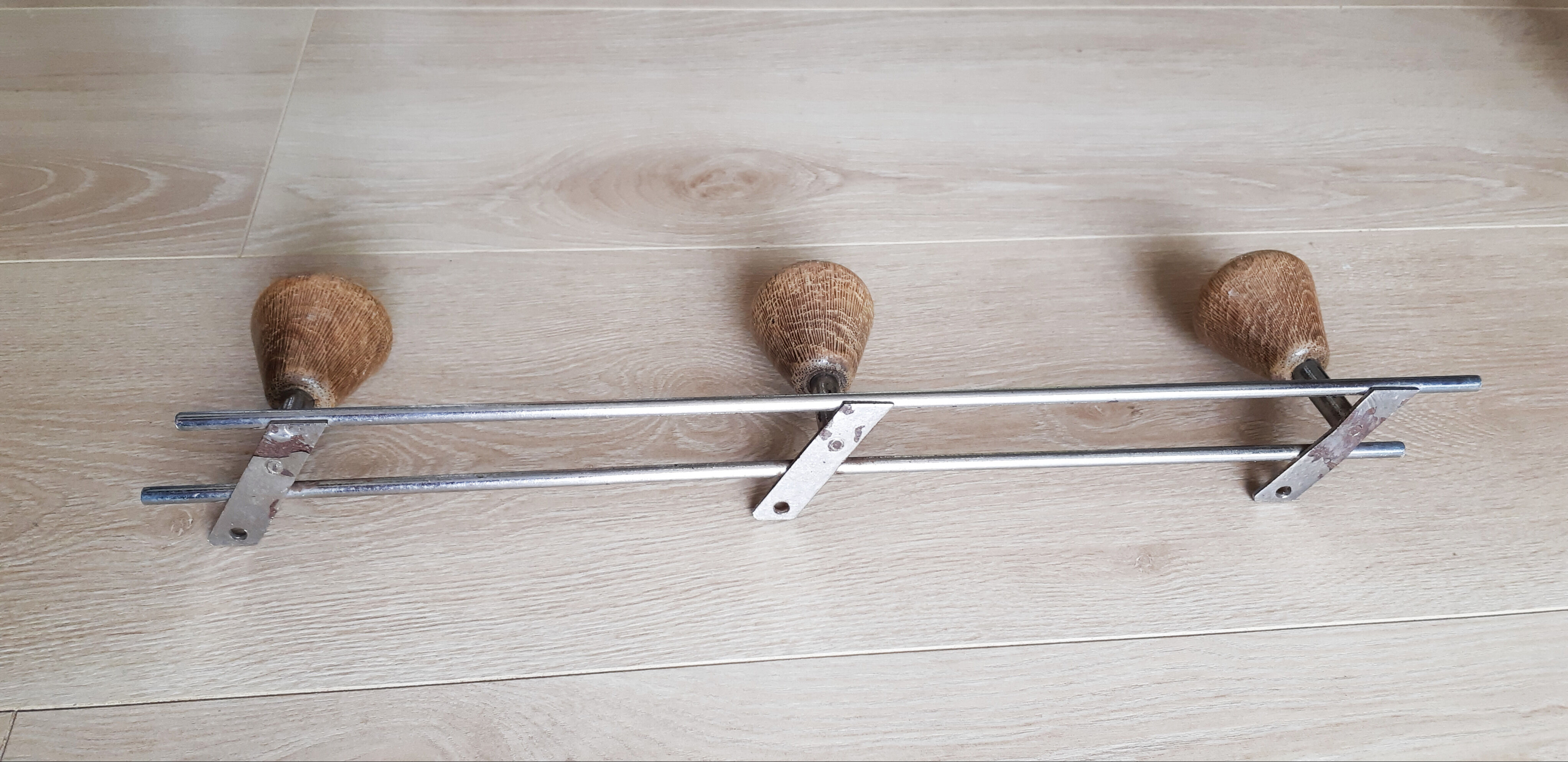 Wooden and metal coat racks, 3 heads, vintage french, 50s