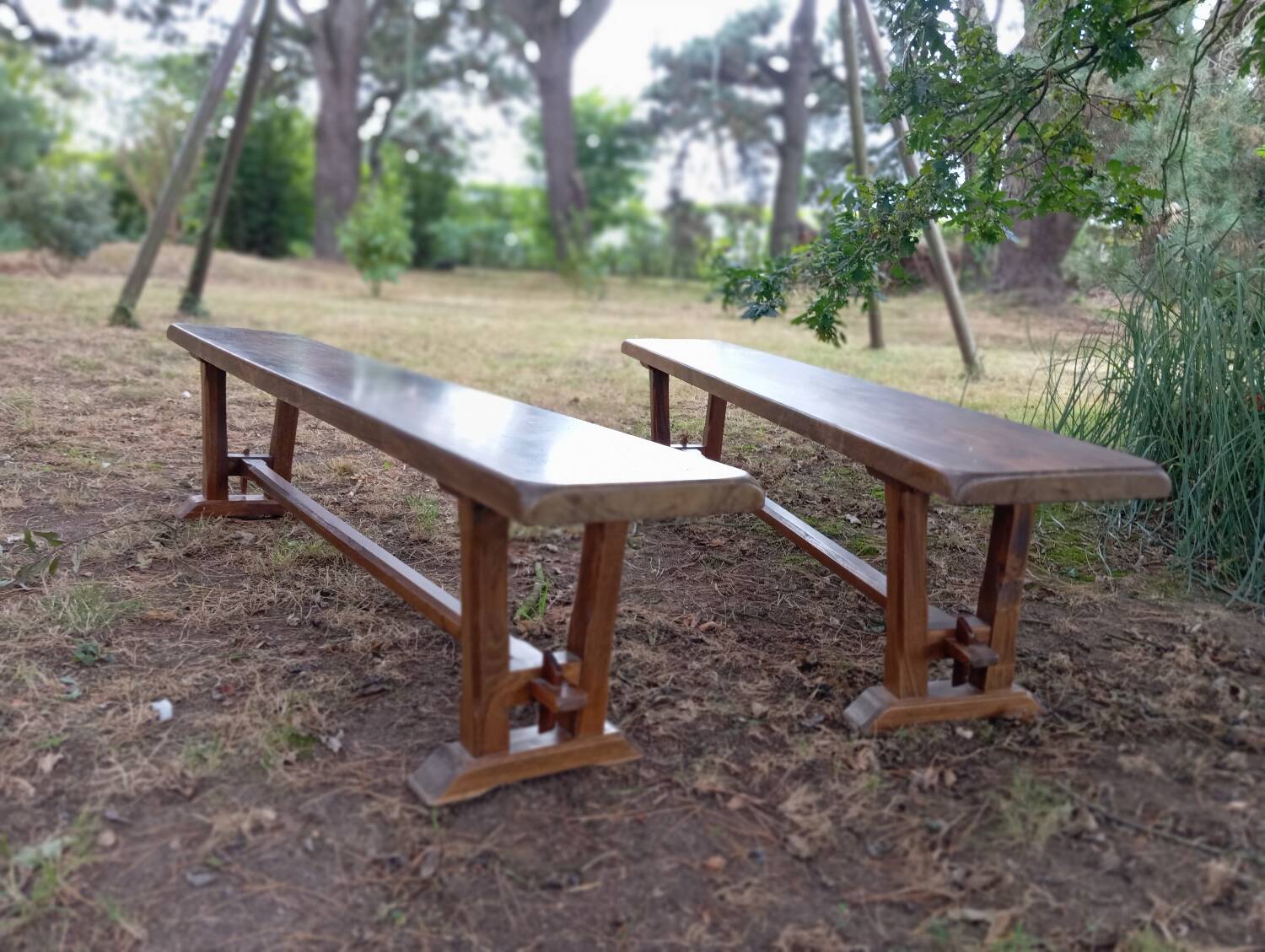 Pair of solid cherry wood farmhouse benches, 1950/60