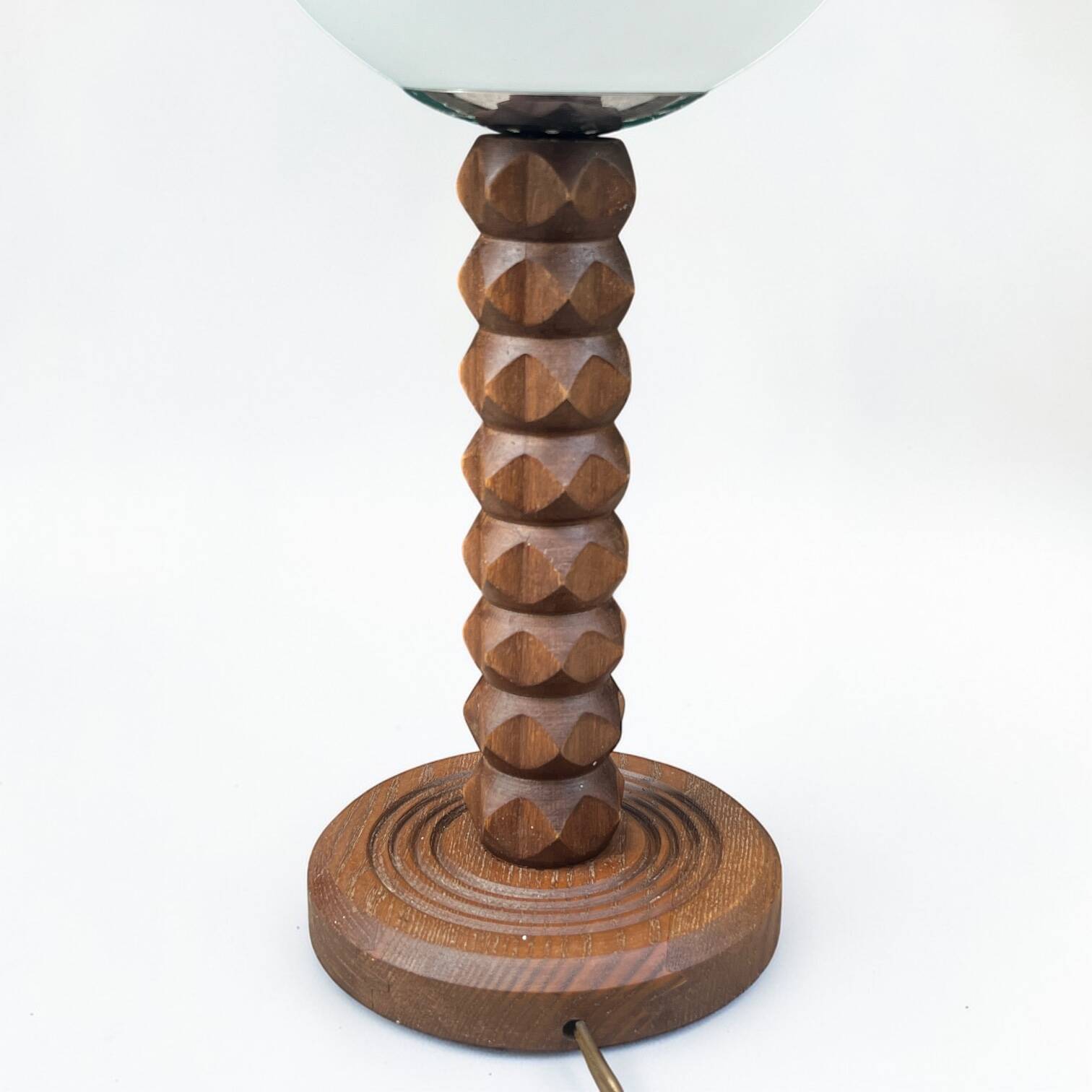 Wooden lamp in wabi-sabi brutalist style by Charles Dudouyt with white opaline.