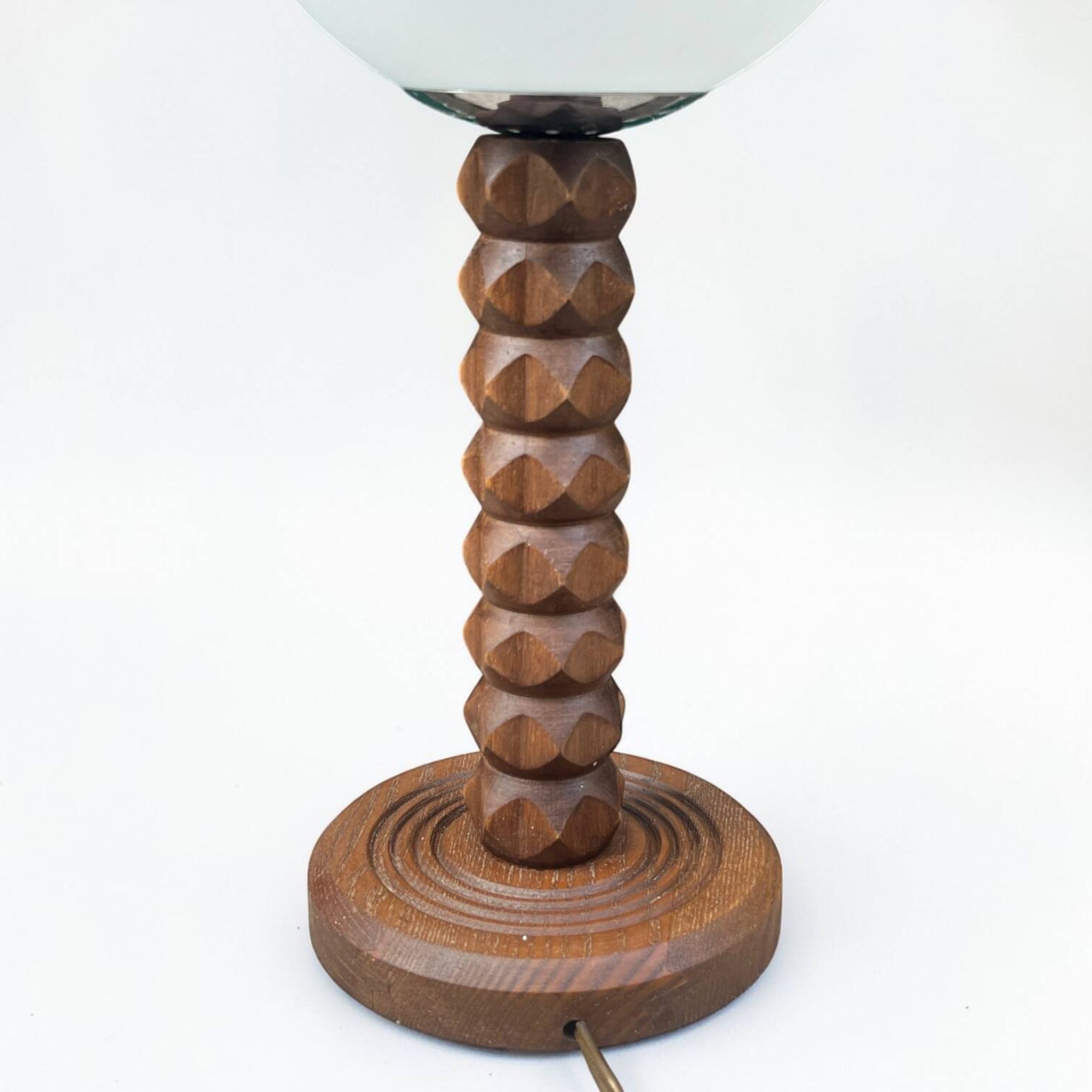 Wooden lamp in wabi-sabi brutalist style by Charles Dudouyt with white opaline.