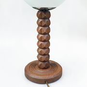 Wooden lamp in wabi-sabi brutalist style by Charles Dudouyt with white opaline.