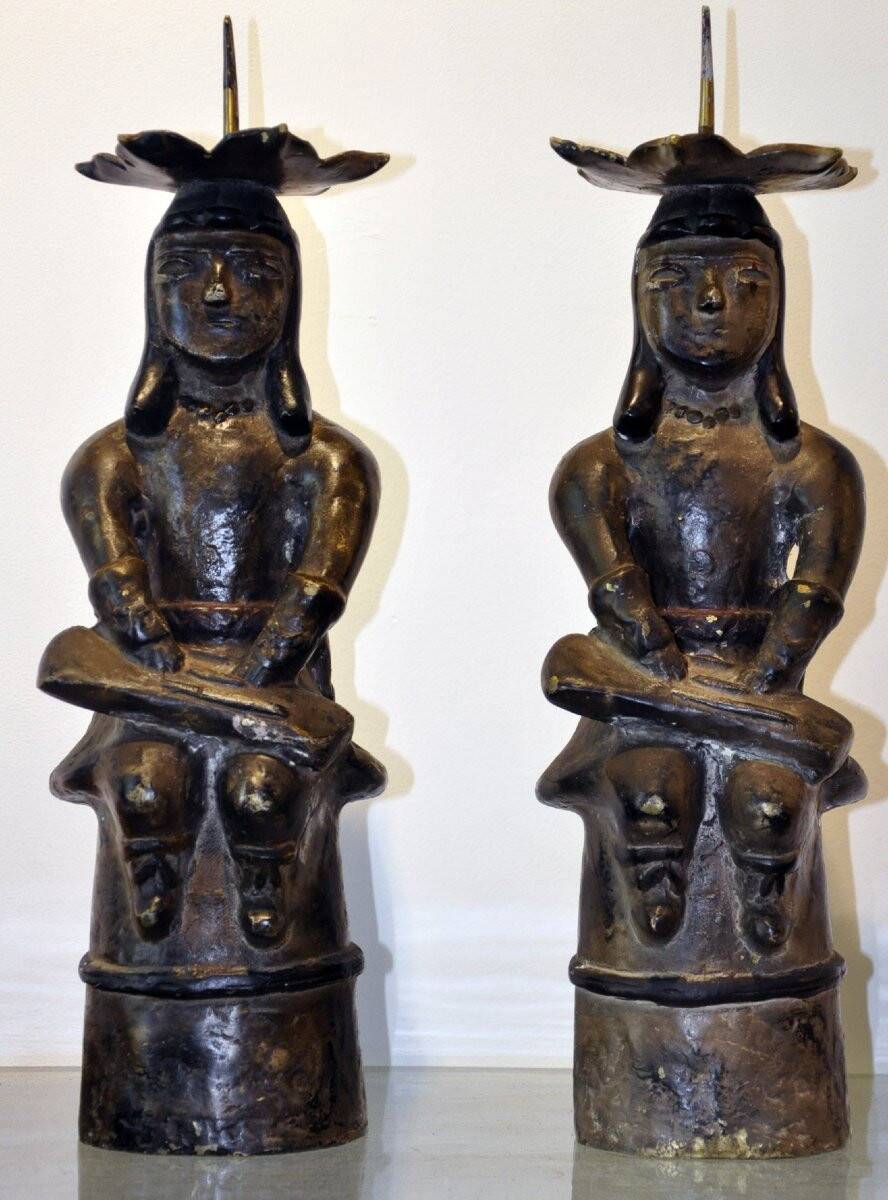 Pair of Mexican Pre-Columbian Style Bronze Candlesticks, 20th Century