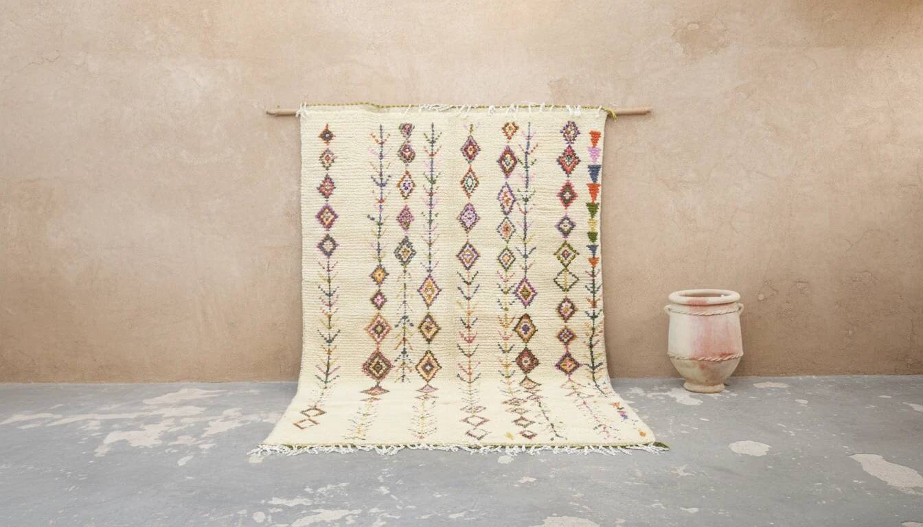 Azilal rug 305×195 cm – Ivory Moroccan Berber rug with multicoloured tribal diamonds, GO-974